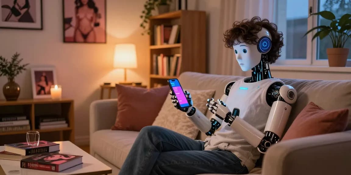 AI sex chat scene with user interacting with a humanoid robot partner in a cozy indoor setting, illustrating modern digital intimacy.
