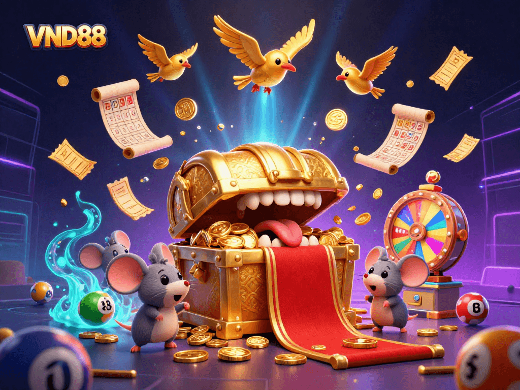 Experience thrilling gameplay at VND88 with a vibrant illustration of animated casino elements.