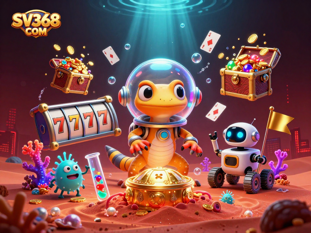 Engaging scene of SV368 COM with Martian gecko, robot, and casino elements showcasing dynamic slots.