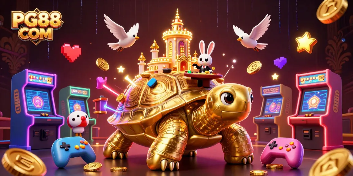 Experience the thrill of PG88 COM with a spectacular 3D casino scene featuring a golden tortoise.