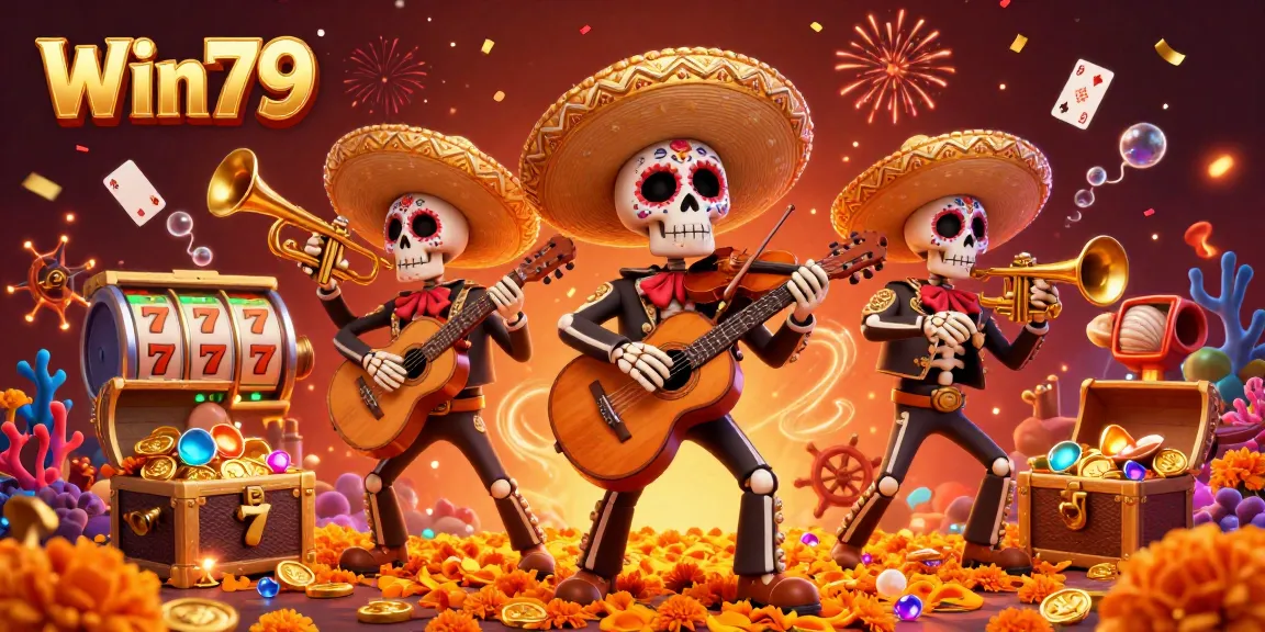 Win79 offers thrilling slot games in a vibrant 3D illustration featuring a mariachi band celebrating with rich gambling elements.