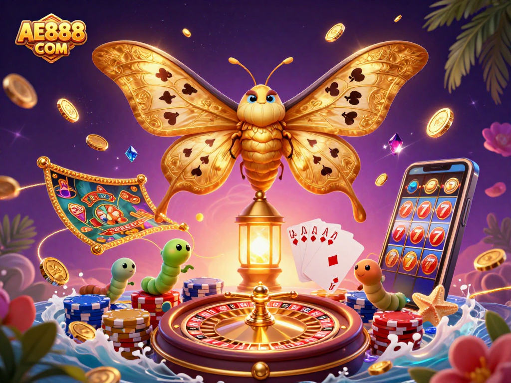 Experience the thrill of AE888 COM with vibrant casino scenes illustrated by a majestic atlas moth and gold treasures.