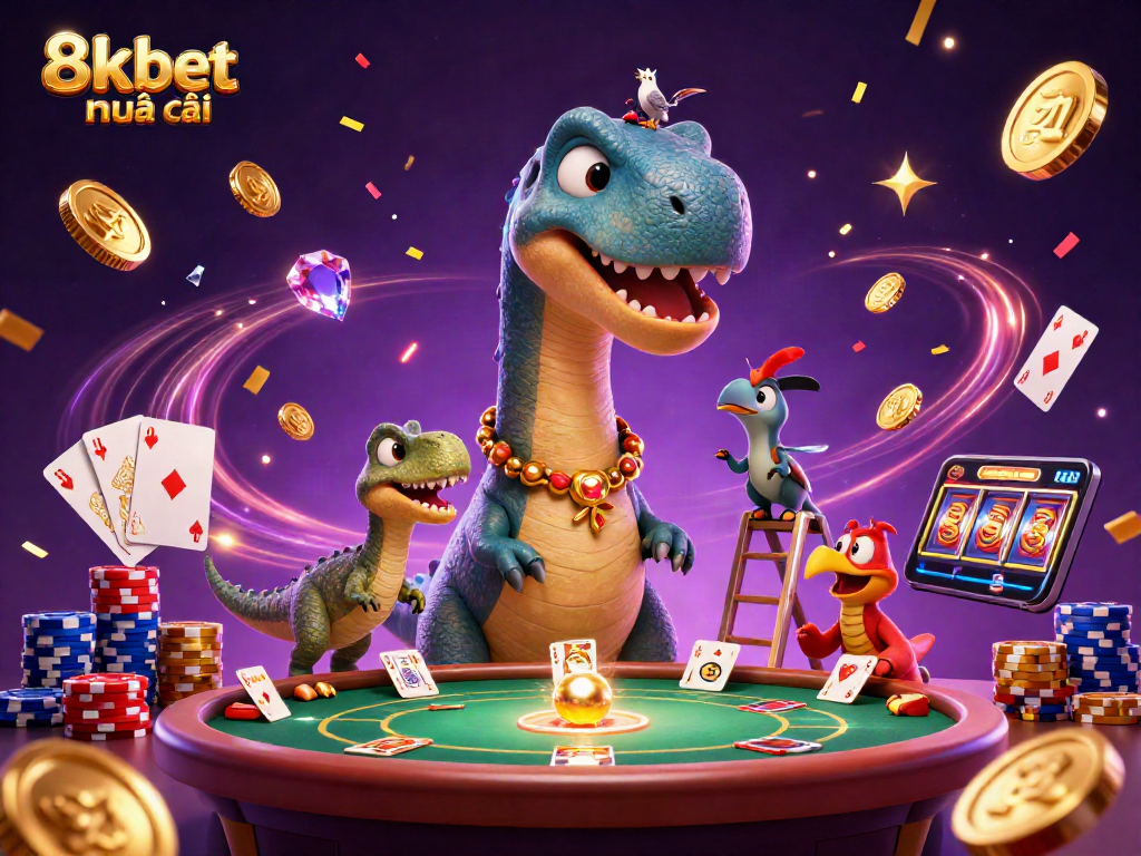 Engage with 8xbet nhà cái through a vibrant casino illustration showcasing dynamic gaming elements.