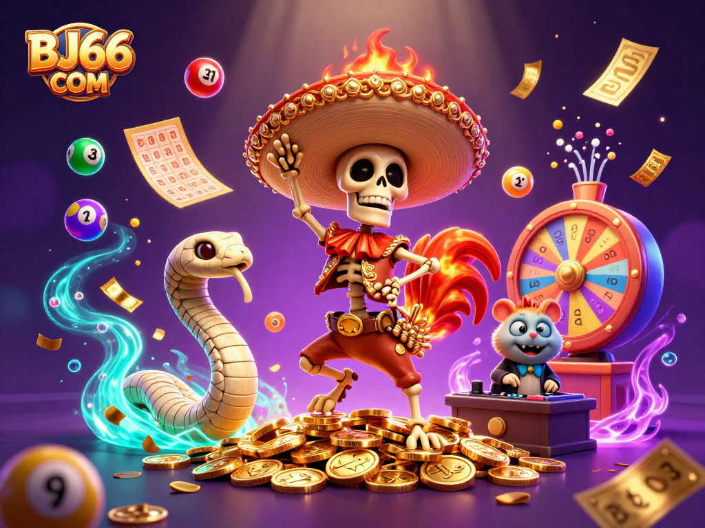 Engage with thrilling gaming moments at BJ66 COM featuring lively cartoon characters dancing on gold coins.