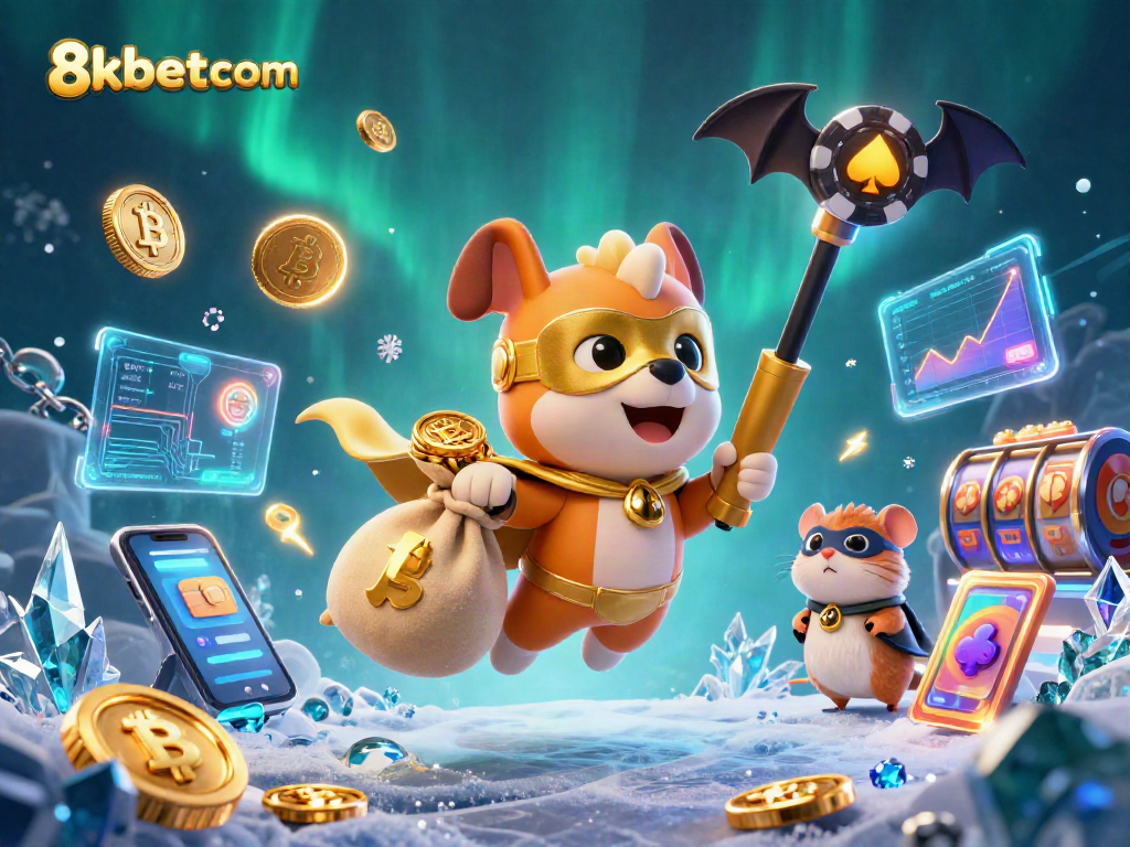 Engage with 8kbetcom through a thrilling 3D cartoon illustration featuring a superhero dog and casino elements.