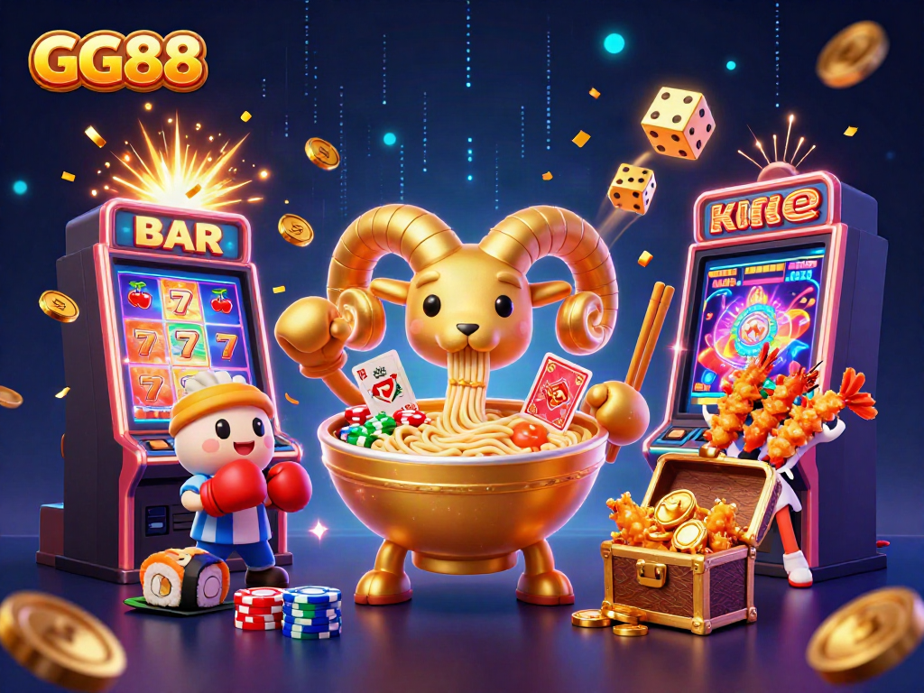 Engage with GG88's vibrant casino universe featuring a giant ramen bowl dealing cards amidst a jackpot explosion.