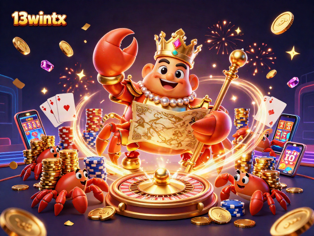 13wintx showcases a golden crab emperor holding a scepter amidst a rich casino atmosphere.