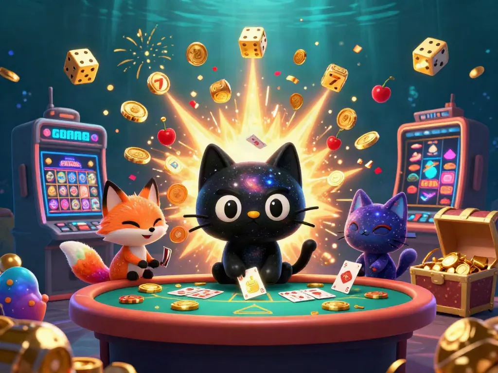 Experience the thrill of f168 as a cosmic black hole cat pulls in casino chips amidst a jackpot explosion.
