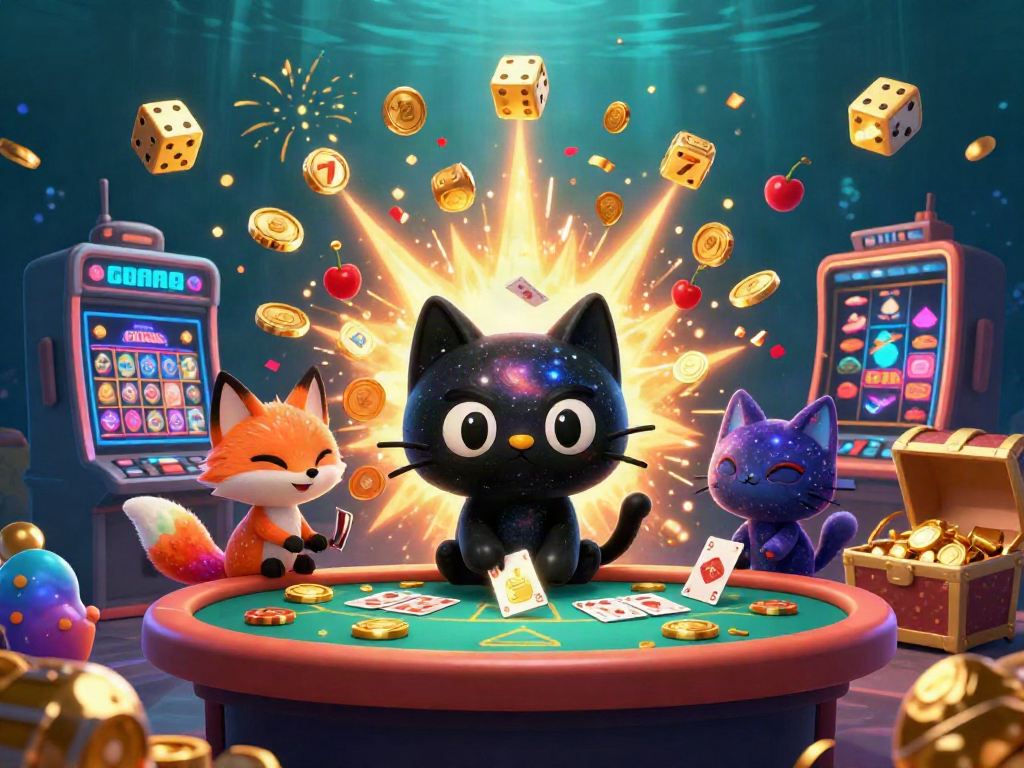 Experience the thrill of f168 as a cosmic black hole cat pulls in casino chips amidst a jackpot explosion.