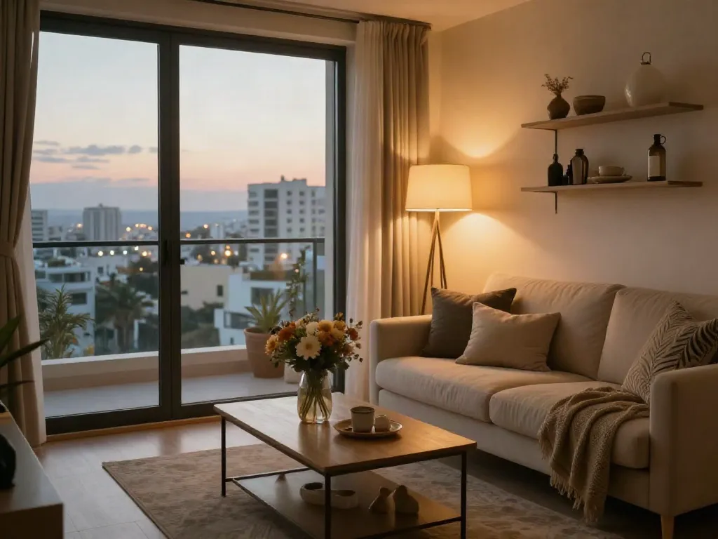 Stylish and cozy living area in a discreet apartment in Netanya, emphasizing comfortable and inviting features.