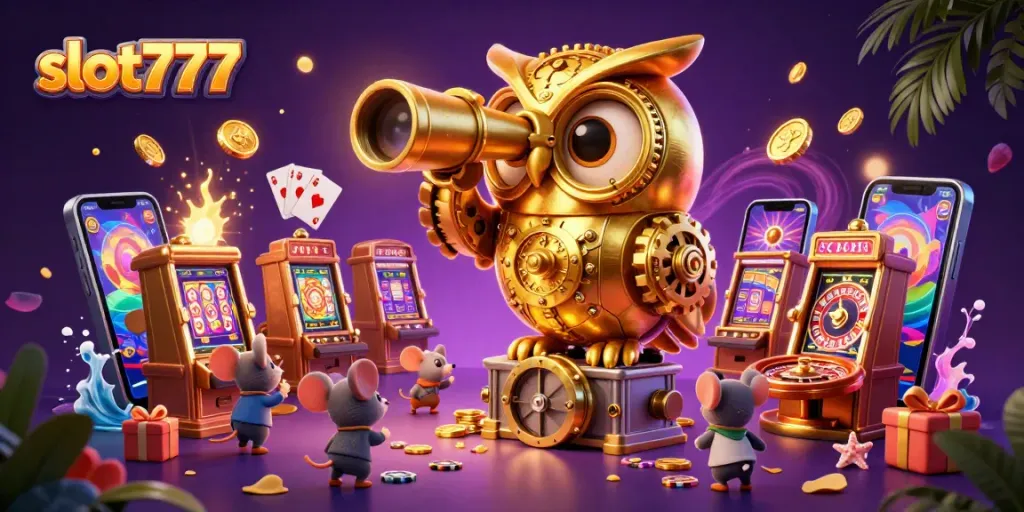 Play thrilling slot777 games under the watchful gaze of a golden owl on a vibrant casino floor.