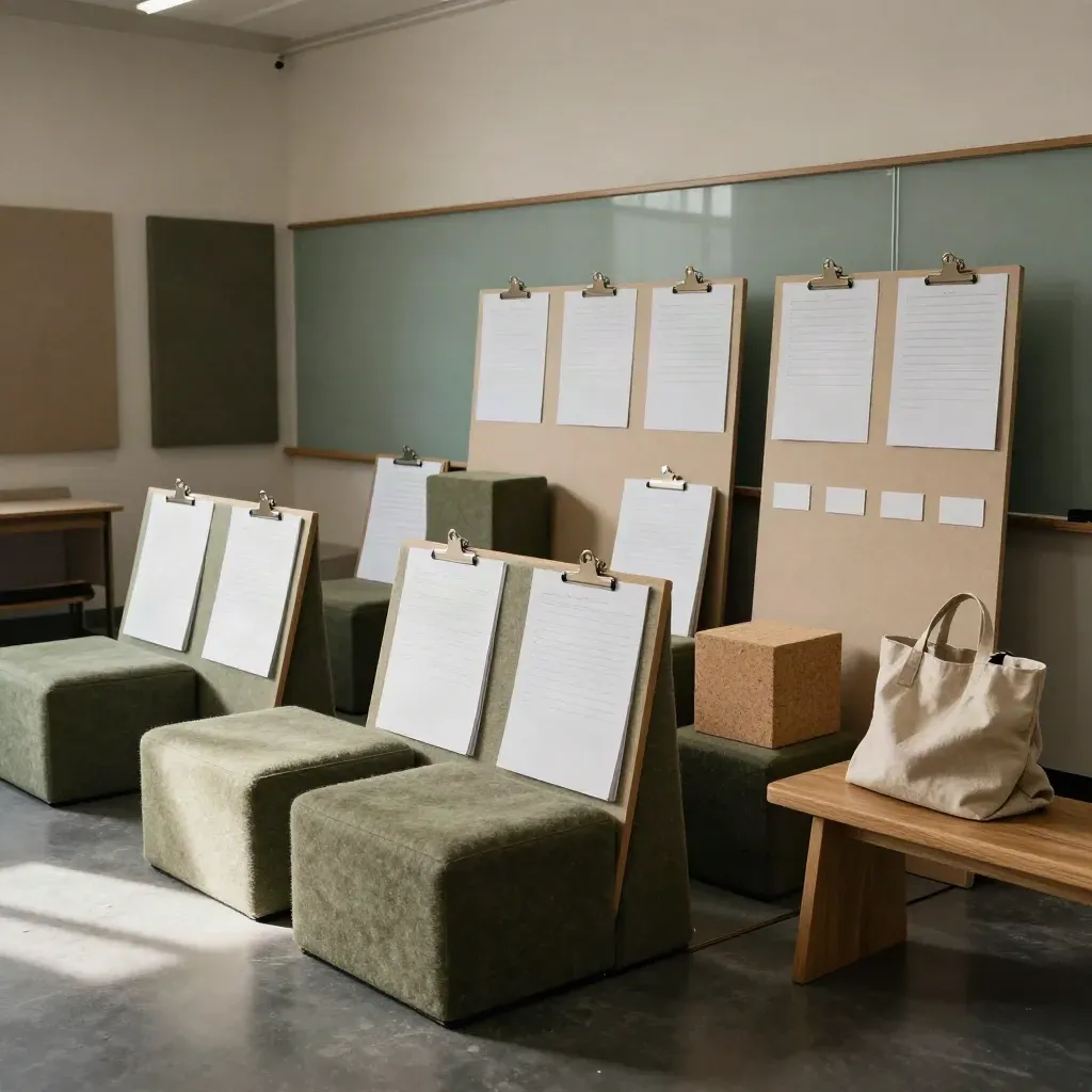 Sala workshop pronta con blocchi modulari, sedute in feltro e schede bianche in luce drammatica.
