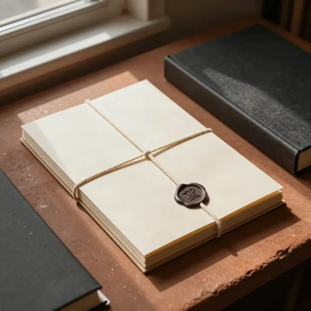 Pacchetto di template di policy rilegati con cordino, cartelline archivio e sigillo opaco su base terracotta.