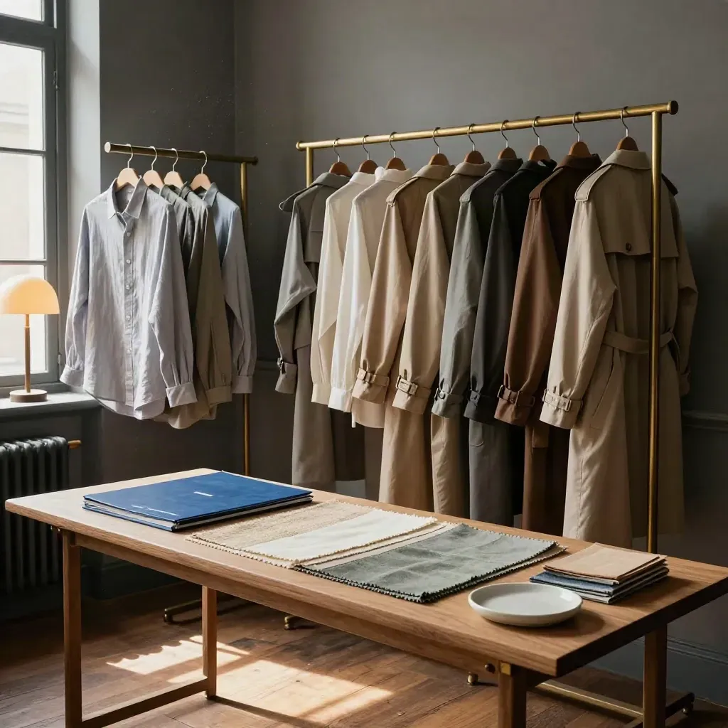 Atelier moda ordinato con capi neutri, campioni tessuto e guida brand chiusa vicino alla finestra.