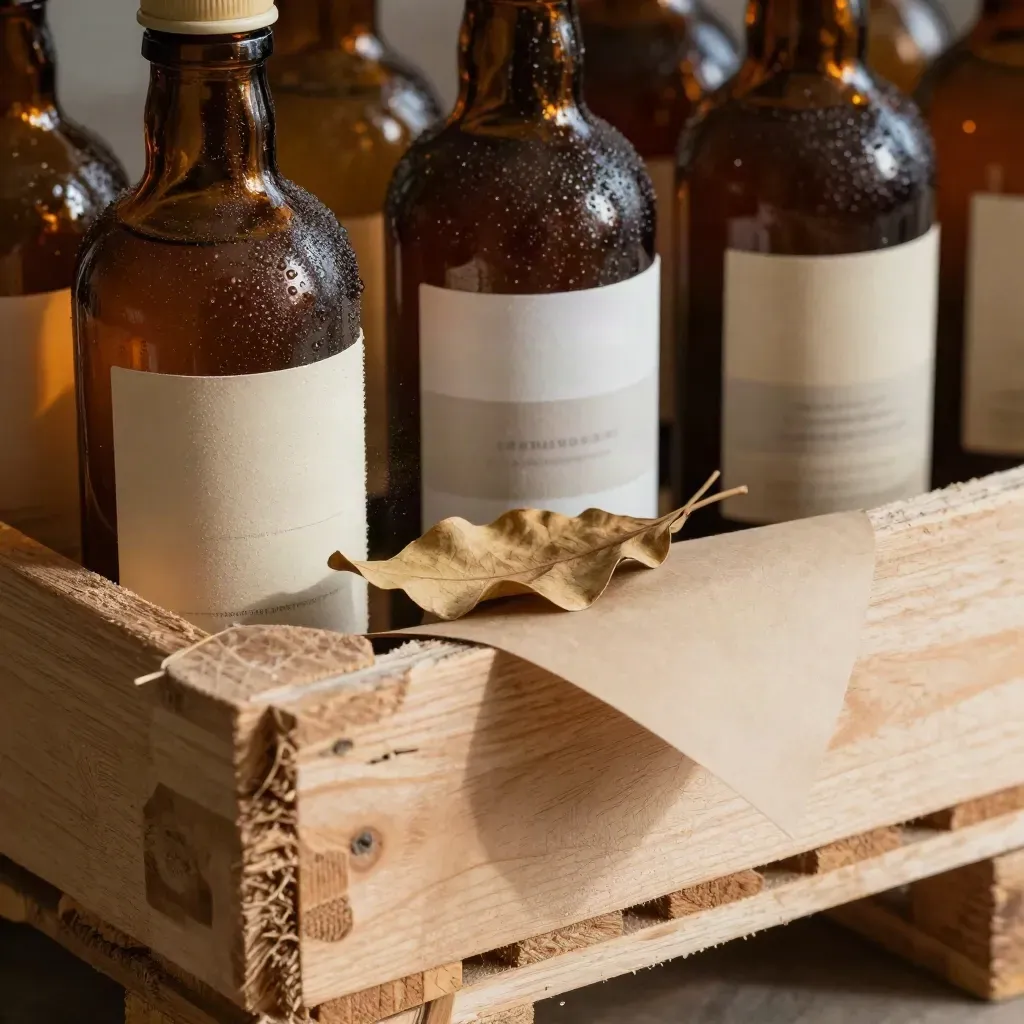 Casse in legno, bottiglie ambrate e foglie secche in una presentazione bio ordinata