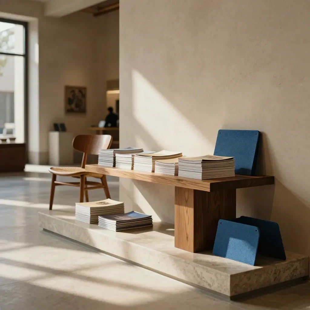 Lobby di centro culturale riordinata con brochure chiuse, sedia in legno e luce calda