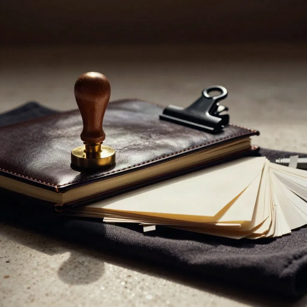 Kit di consulenza con sigillo in ottone, taccuino in pelle e campioni di carta su travertino.