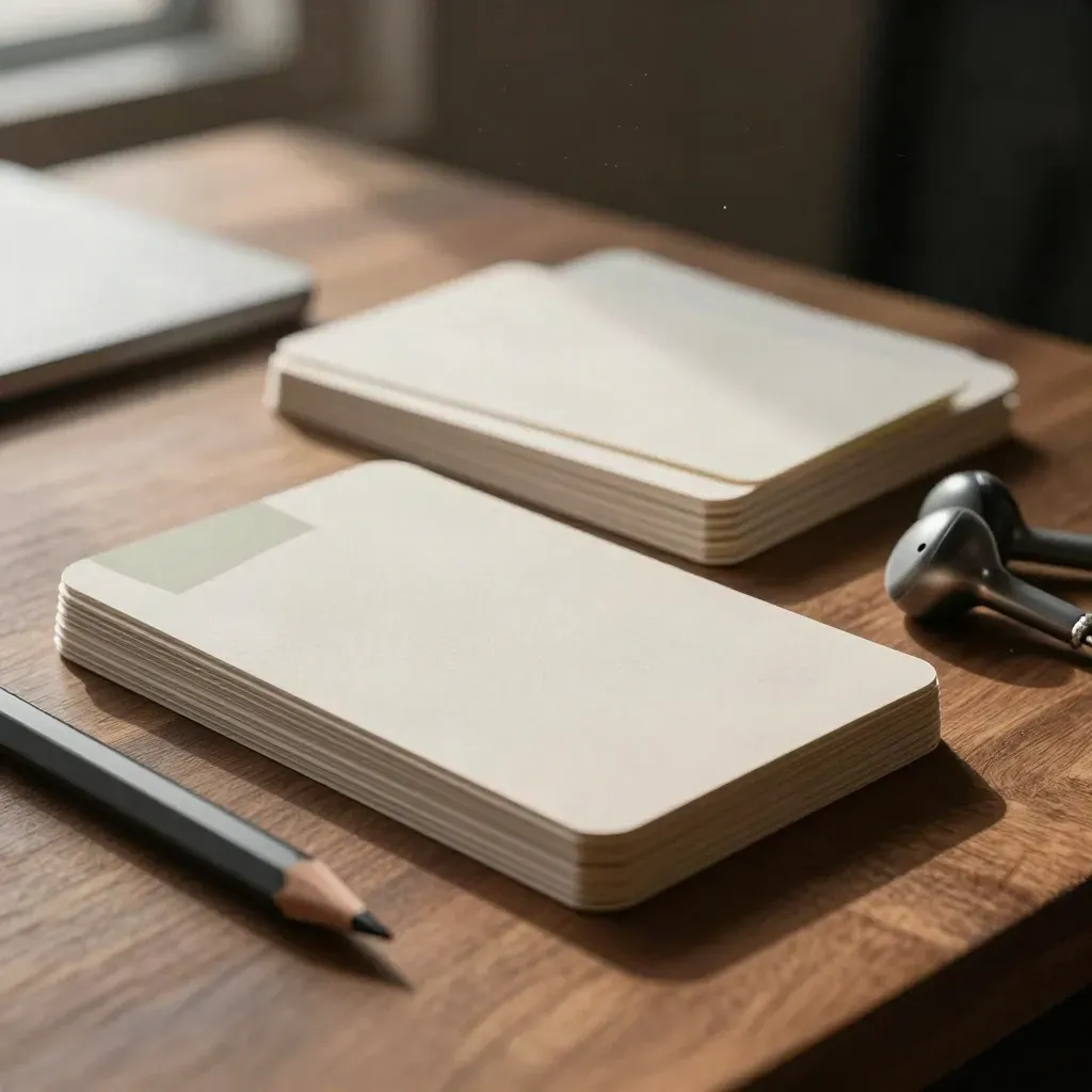 Carte di contenuto, matita tecnica e auricolari su legno di noce, luce radente.