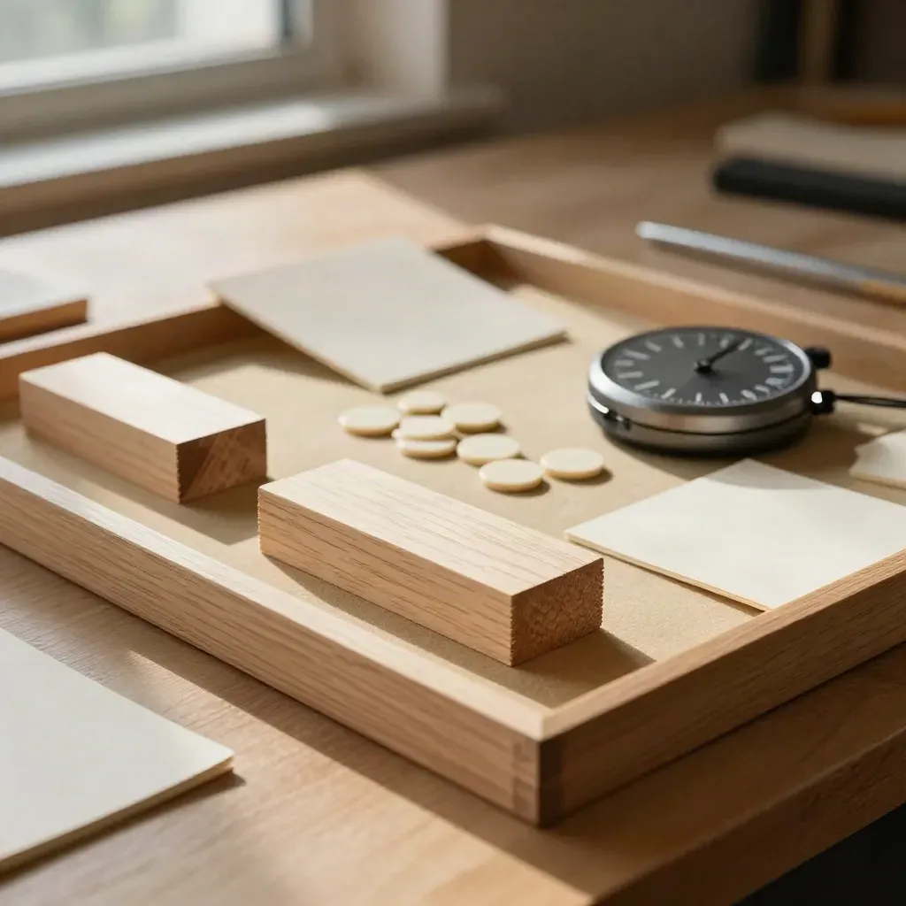 Kit da workshop con blocco in legno, gettoni adesivi e timer su banco in legno