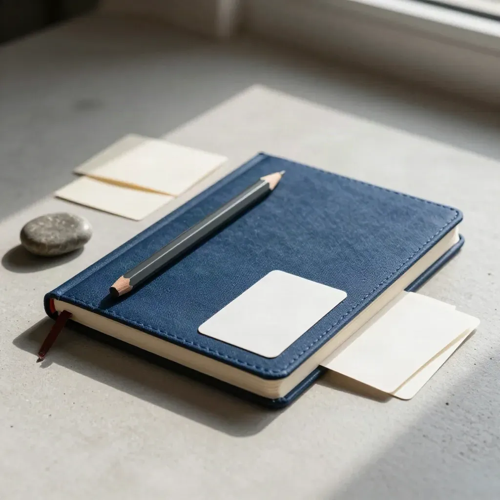 Notebook in tela, matita, pietra levigata e tre carte bianche su cemento chiaro