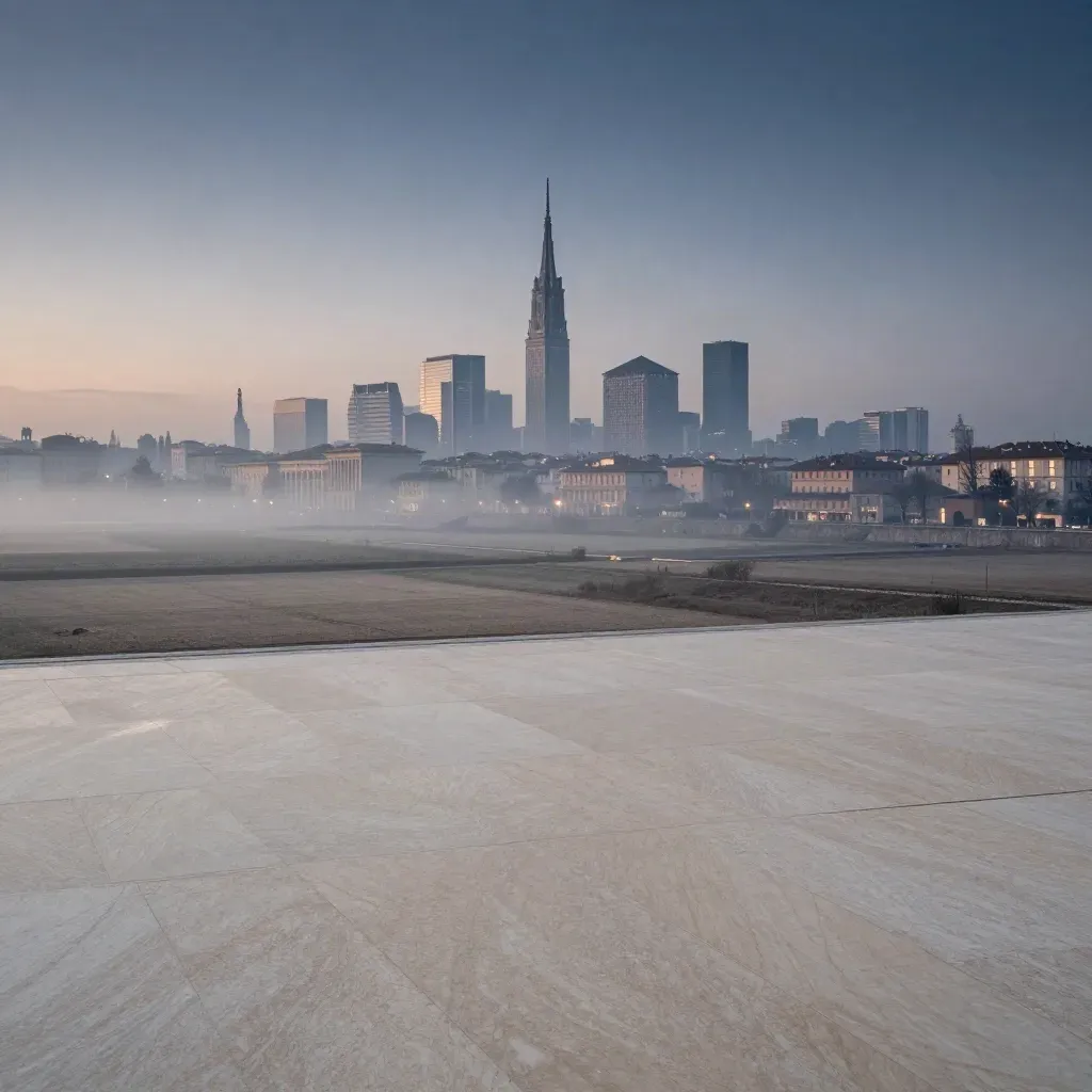 Skyline di Milano all’ora blu sopra la pianura lombarda avvolta nella foschia.