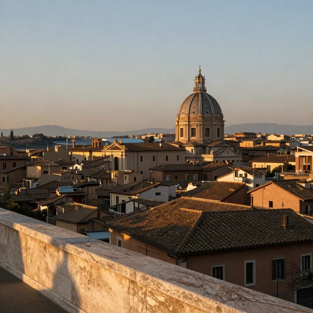 Veduta dorata del Lazio con la cupola di Roma alta sui tetti e spazio chiaro per il testo.