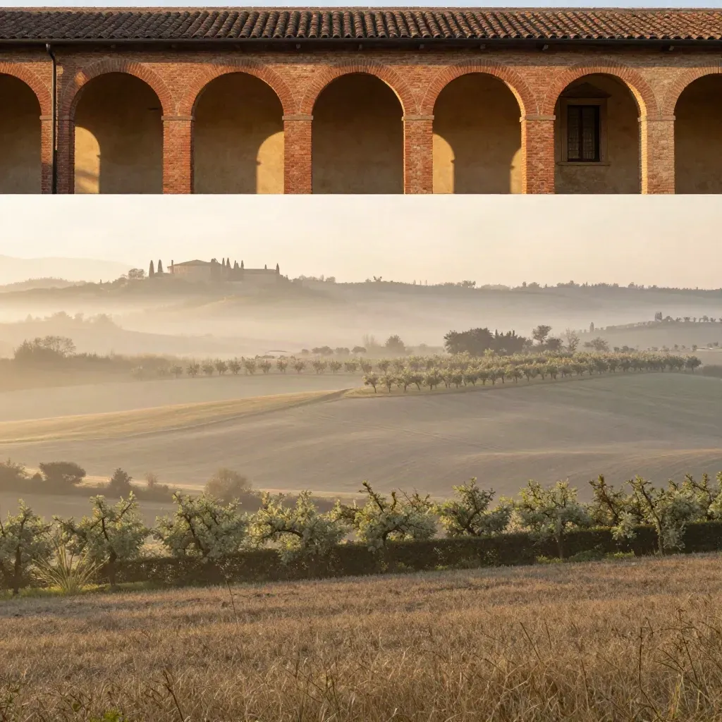 Portici di Bologna all’alba tra nebbia bassa e campagna morbida dell’Emilia-Romagna.
