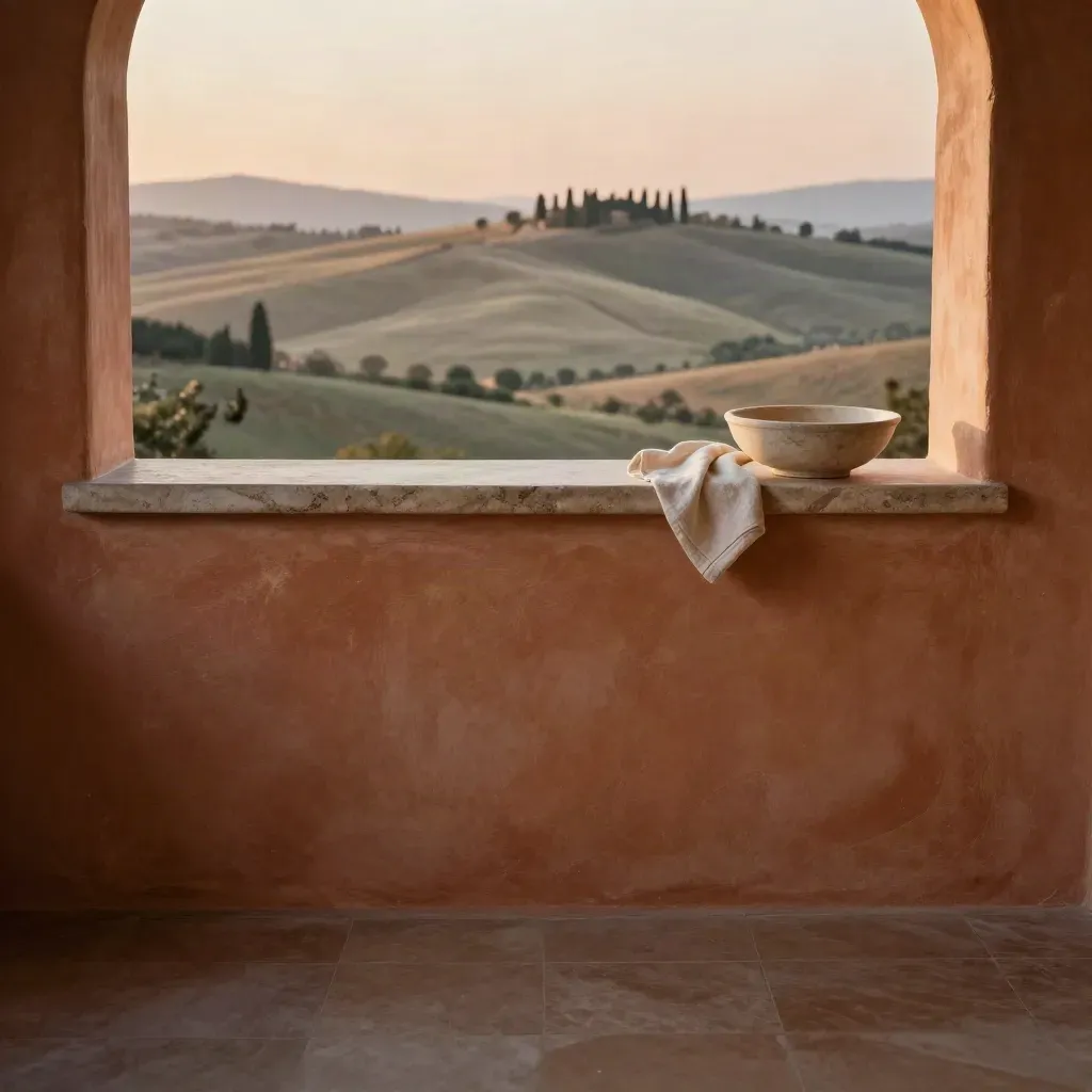 Collina toscana al tramonto con cipressi lontani e fondo chiaro per il testo