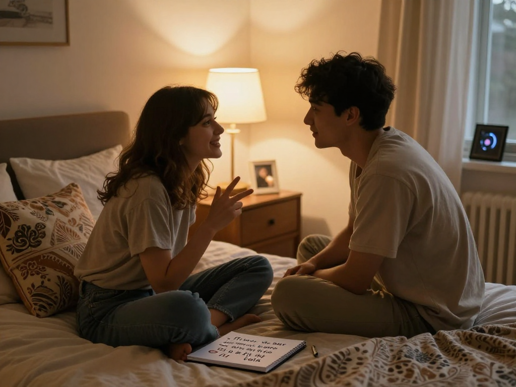 Couple engaging in ai dirty talk in a cozy bedroom setting, intimate and warm atmosphere.