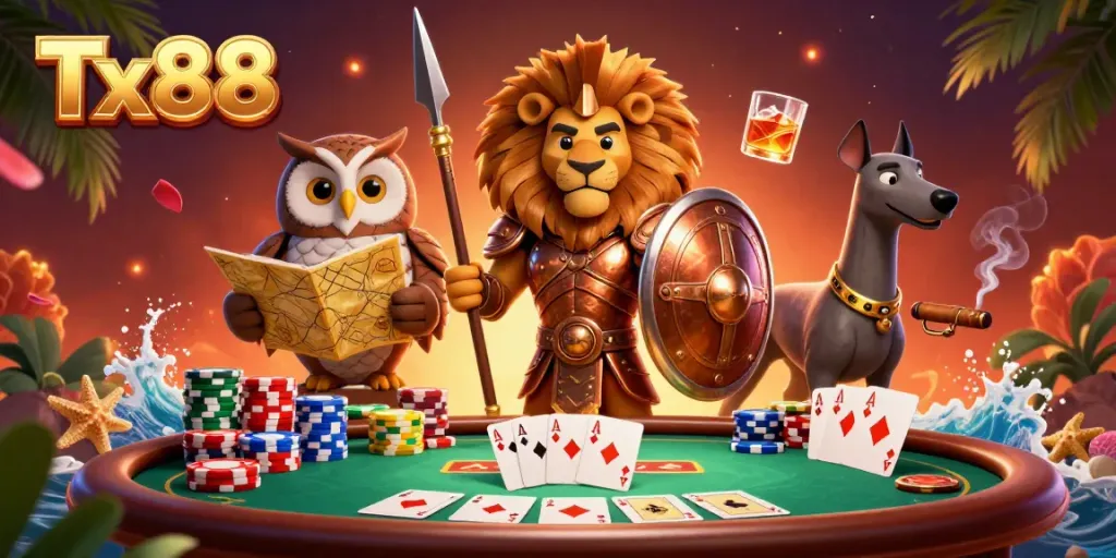 Experience thrilling poker action at Tx88 with heroic characters and vibrant casino elements.