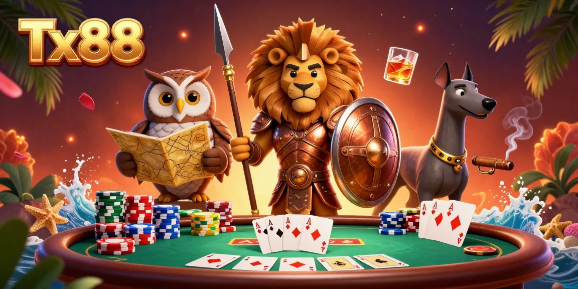 Experience thrilling poker action at Tx88 with heroic characters and vibrant casino elements.
