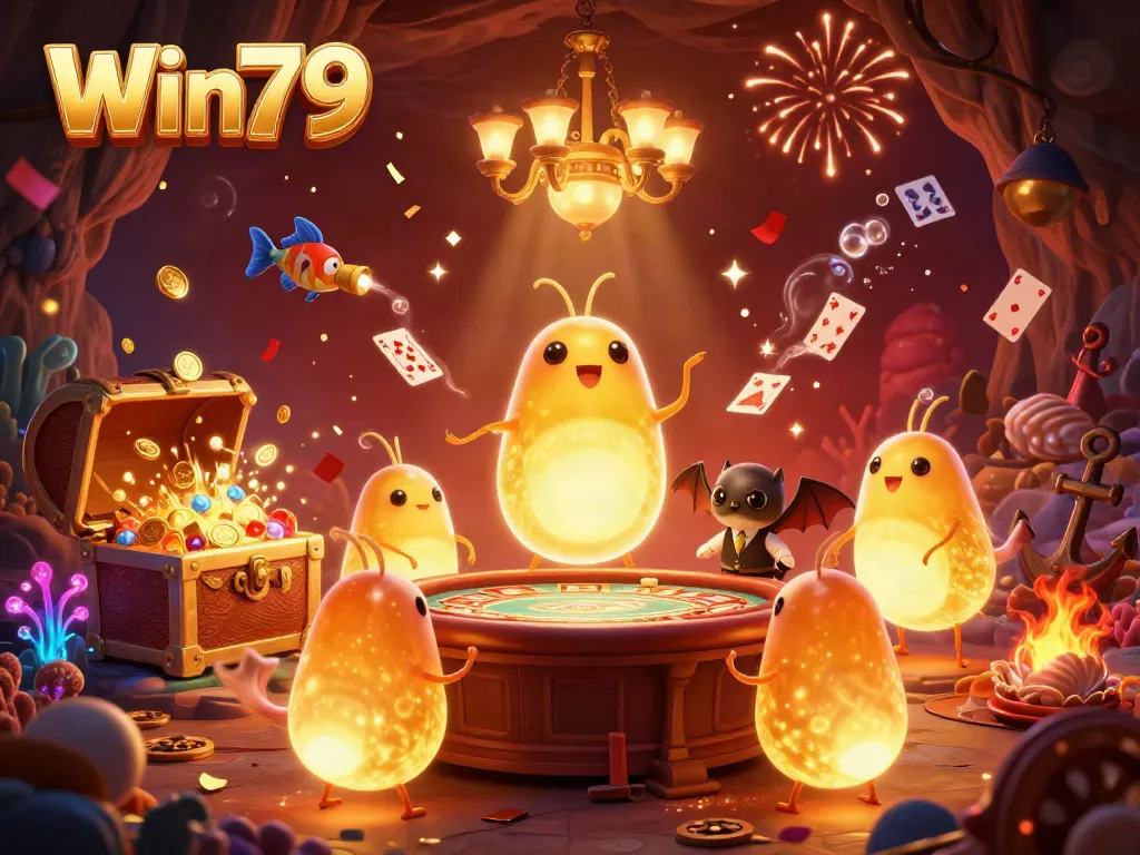 Experience the thrill of Win79 with glowing glowworms illuminating a vibrant cave casino filled with gold treasures and excitement.