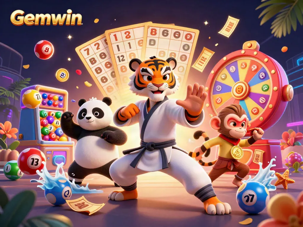 Experience Gemwin's vibrant online gaming world with lively cartoon characters enjoying a dynamic casino scene.