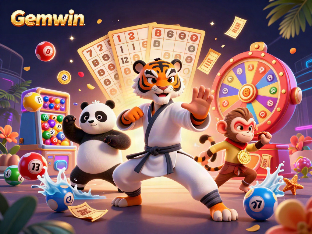 Experience Gemwin's vibrant online gaming world with lively cartoon characters enjoying a dynamic casino scene.