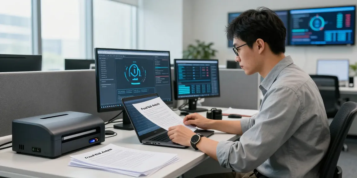 Document fraud detection analysis in a professional setting with forensic analysts reviewing suspicious documents.