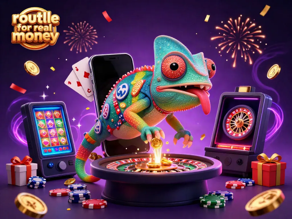 Experience the thrill of roulette for real money with colorful casino elements and a vibrant chameleon character.