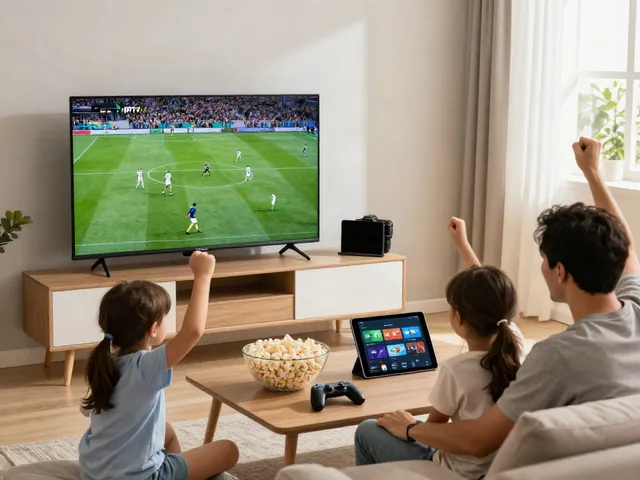 Family enjoying IPTV Italia in a cozy living room while watching a football match on multiple devices.