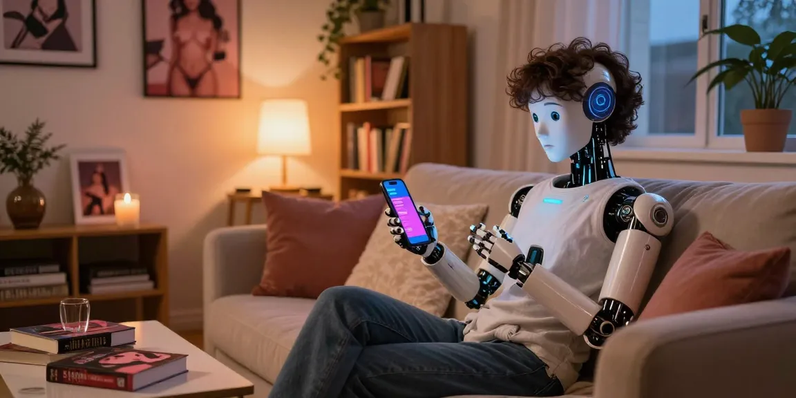 AI sex chat scene with user interacting with a humanoid robot partner in a cozy indoor setting, illustrating modern digital intimacy.