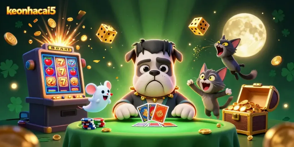 Experience the excitement of keonhacai5 with a playful gamble scene featuring a Frankenstein bulldog and a werewolf kitten in a mystical atmosphere.