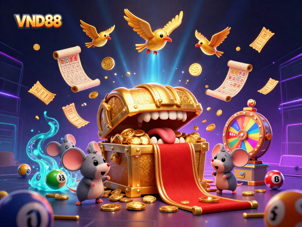 Experience thrilling gameplay at VND88 with a vibrant illustration of animated casino elements.