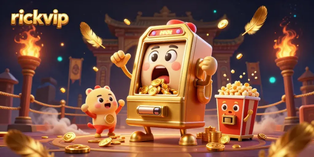 Experience thrilling wins with rickvip's expressive golden slot machine celebrating its jackpot amidst a lively casino atmosphere.